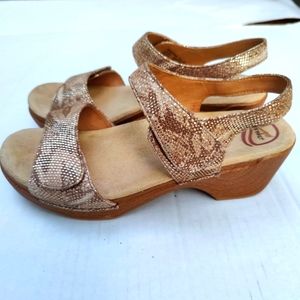 Dansko Sonnet Gold Suede Leather Snakeskin Wood Heel Clogs